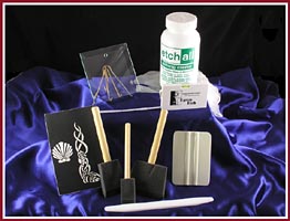 Contents of Etching Kit includes Etch All etching cream, burnishing tool, tape measure with bubble level, latex gloves, foam brushes, and more.