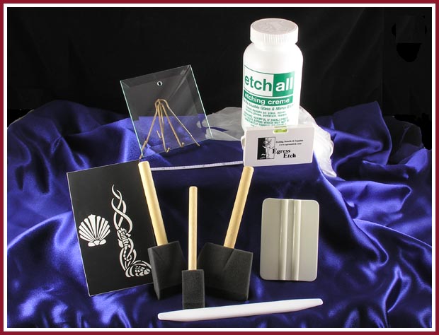 The Etching kit contains Etch All glass etching compound, brushes, latex gloves, burnishing tools, a tape measure with leveling bubble, and more.