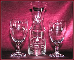 Custom etched glasses and carafe as anniversary gifts