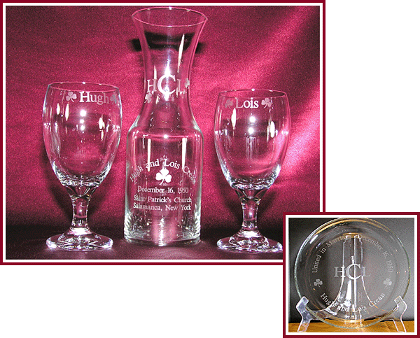 Custom etched water goblets and carafe as unique Anniversary gifts