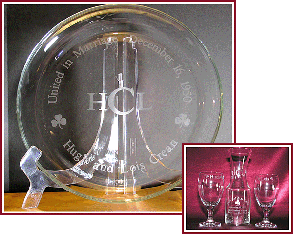 Custom etched round glass tray for an anniversary gift.