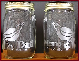 Personalized candy jars made from recycled canning jars and etched with stencils and supplies from Egress Etch.