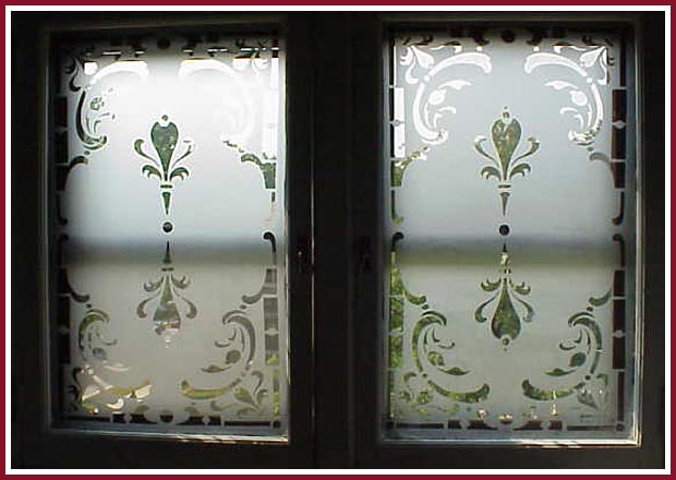 Beautiful etched double window done using Egress Etch glass etching stencils